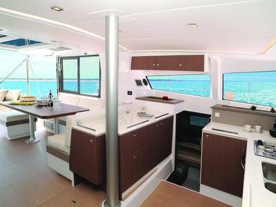 Salon of Iris, a Bali 4.1 catamaran at Volos Municipality, Greece