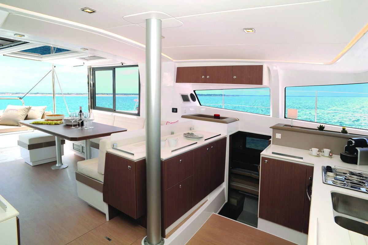 Salon of Iris, a Bali 4.1 catamaran at Volos Municipality, Greece