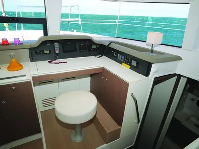 Cockpit of Iris, a Bali 4.1 catamaran at Volos Municipality, Greece