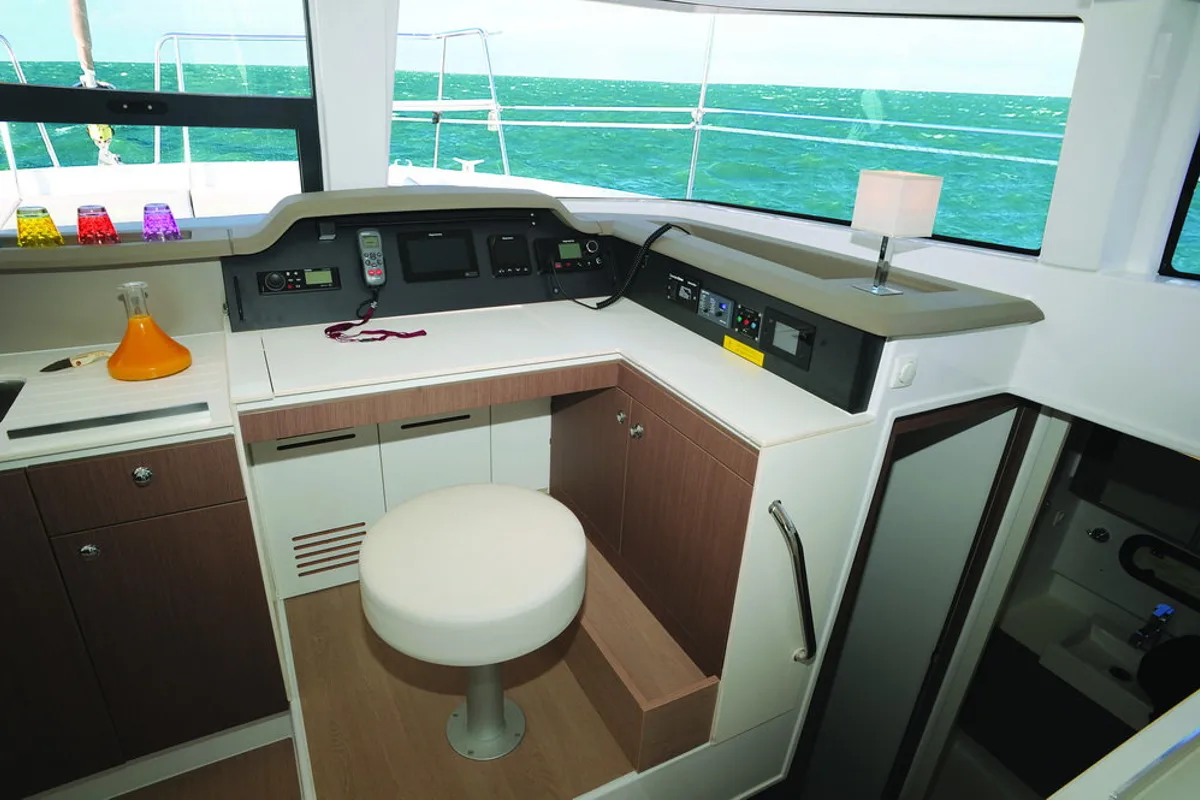 Cockpit of Iris, a Bali 4.1 catamaran at Volos Municipality, Greece