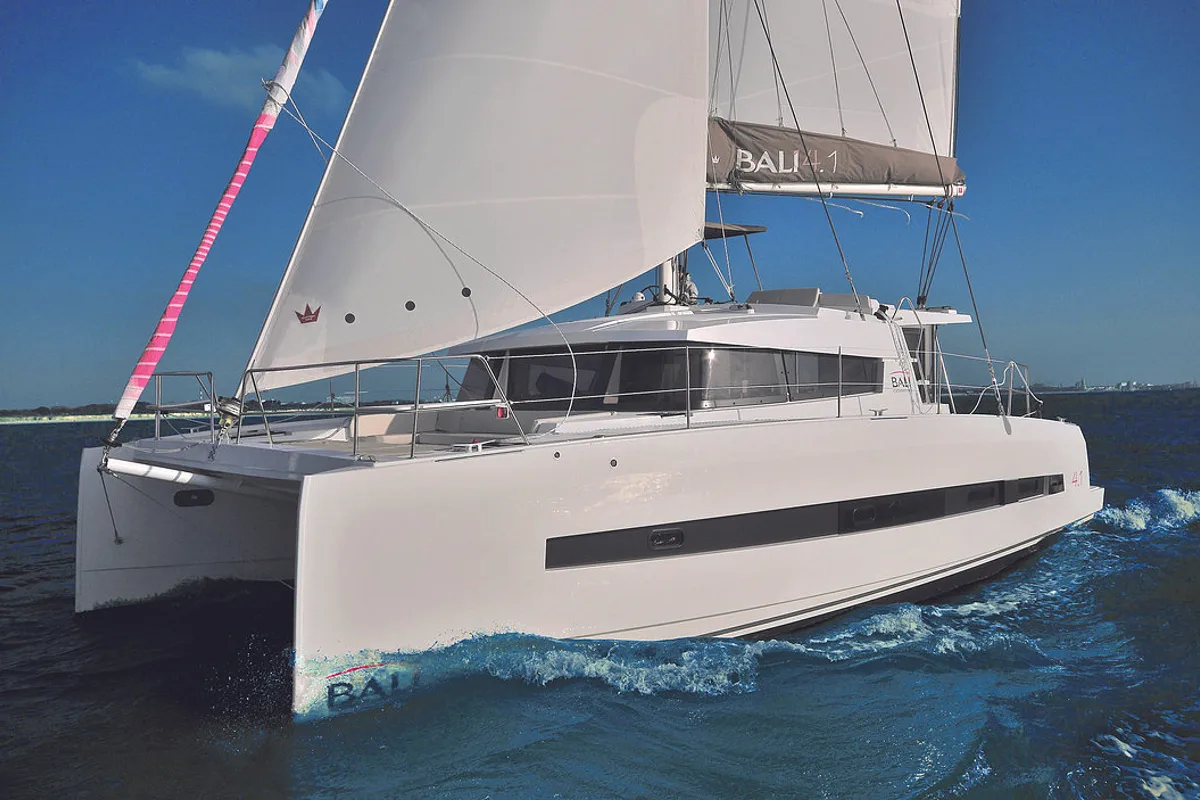 Exterior view of Iris, a Bali 4.1 catamaran at Volos Municipality, Greece