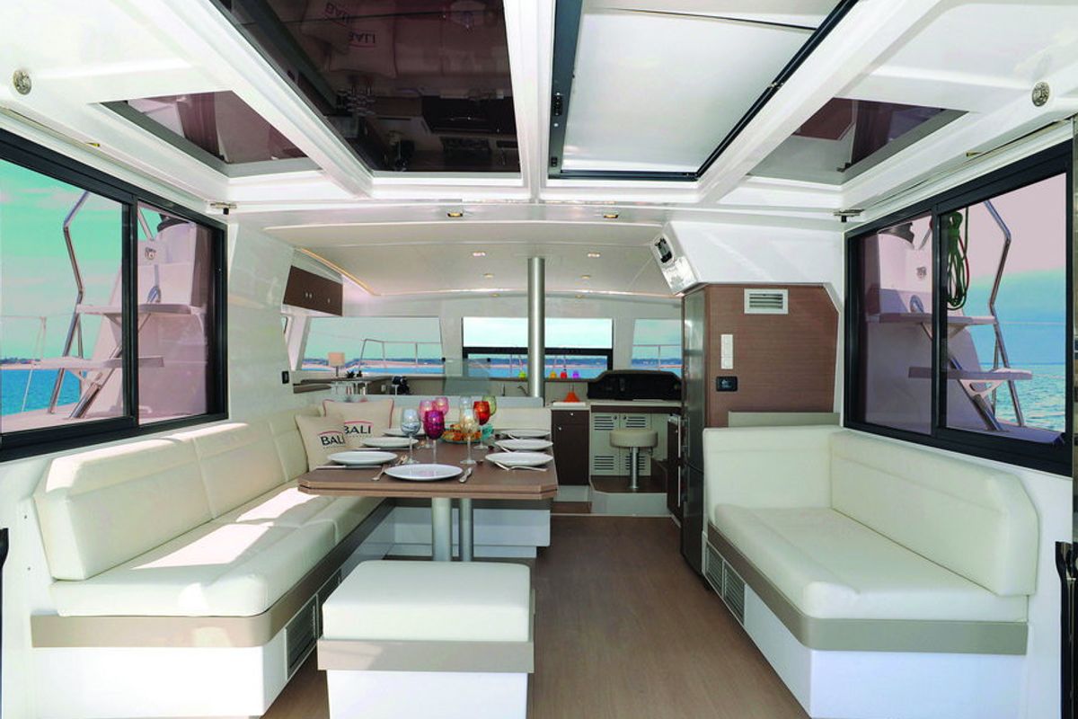 Salon of Iris, a Bali 4.1 catamaran at Volos Municipality, Greece