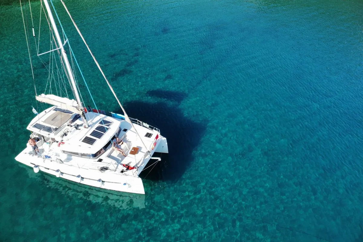 Exterior view of Iris, a Bali 4.1 catamaran at Volos Municipality, Greece