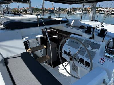 Cockpit of Jami, a Fountaine Pajot Astréa 42 catamaran at Grad Pula, Croatia