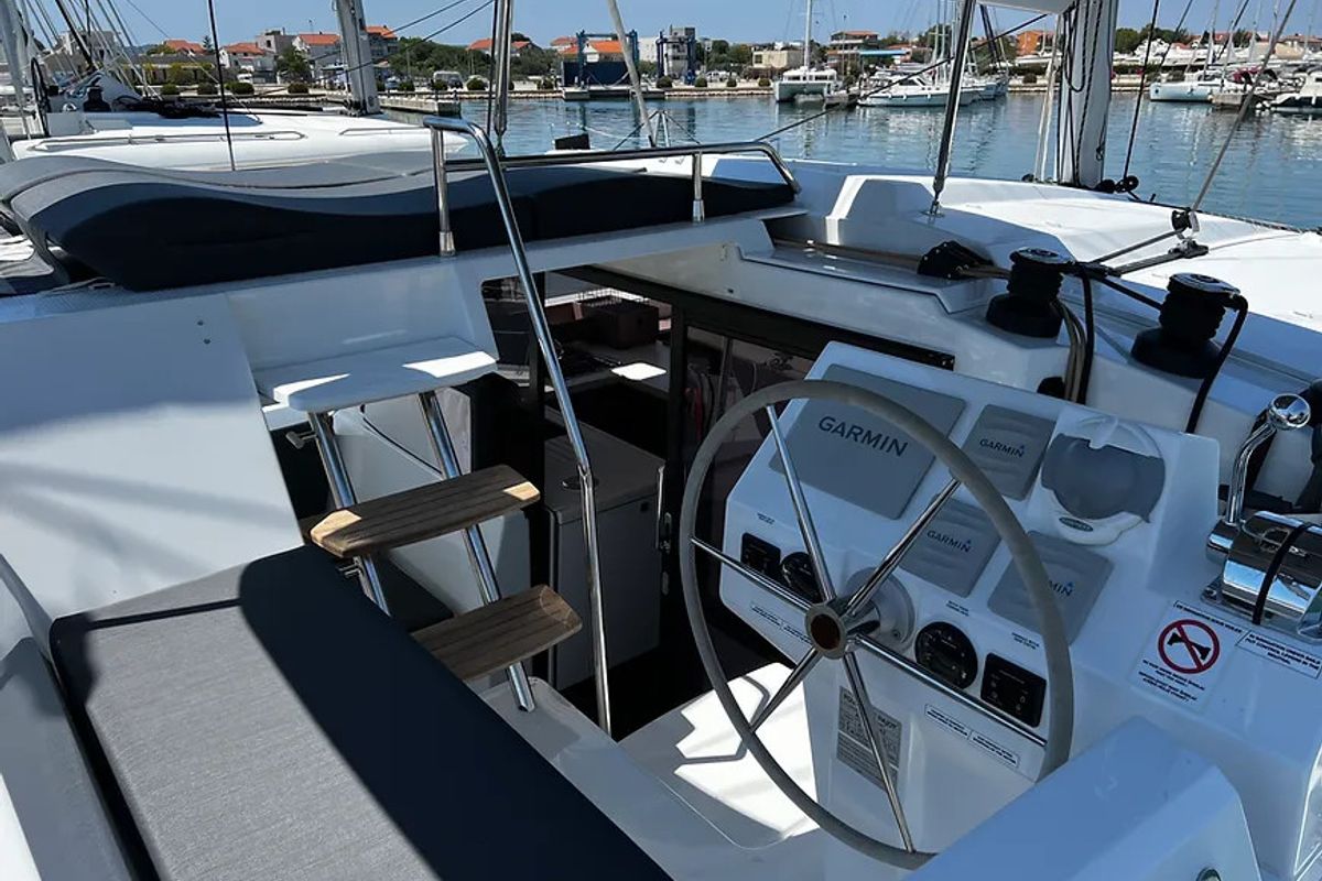 Cockpit of Jami, a Fountaine Pajot Astréa 42 catamaran at Grad Pula, Croatia