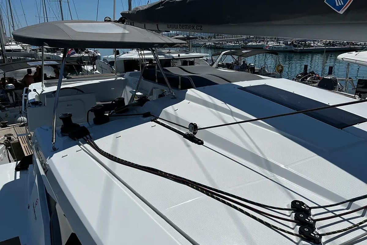 Deck of Jami, a Fountaine Pajot Astréa 42 catamaran at Grad Pula, Croatia