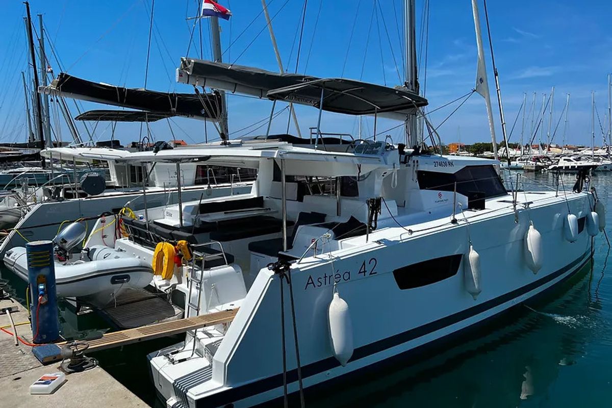 Exterior view of Jami, a Fountaine Pajot Astréa 42 catamaran at Grad Pula, Croatia