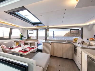 Salon of Moorings 4500L Club, a Leopard 45 catamaran at Gouvia, Greece