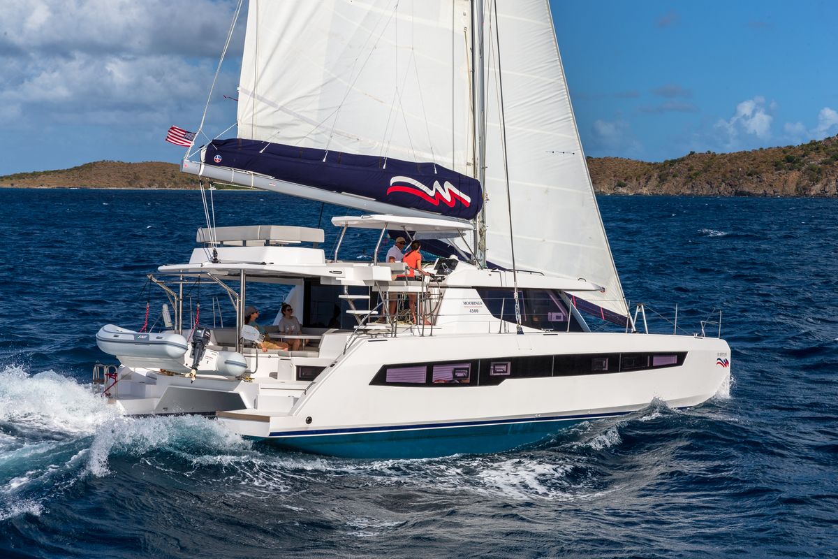 Exterior view of Moorings 4500L Club, a Leopard 45 catamaran at Gouvia, Greece