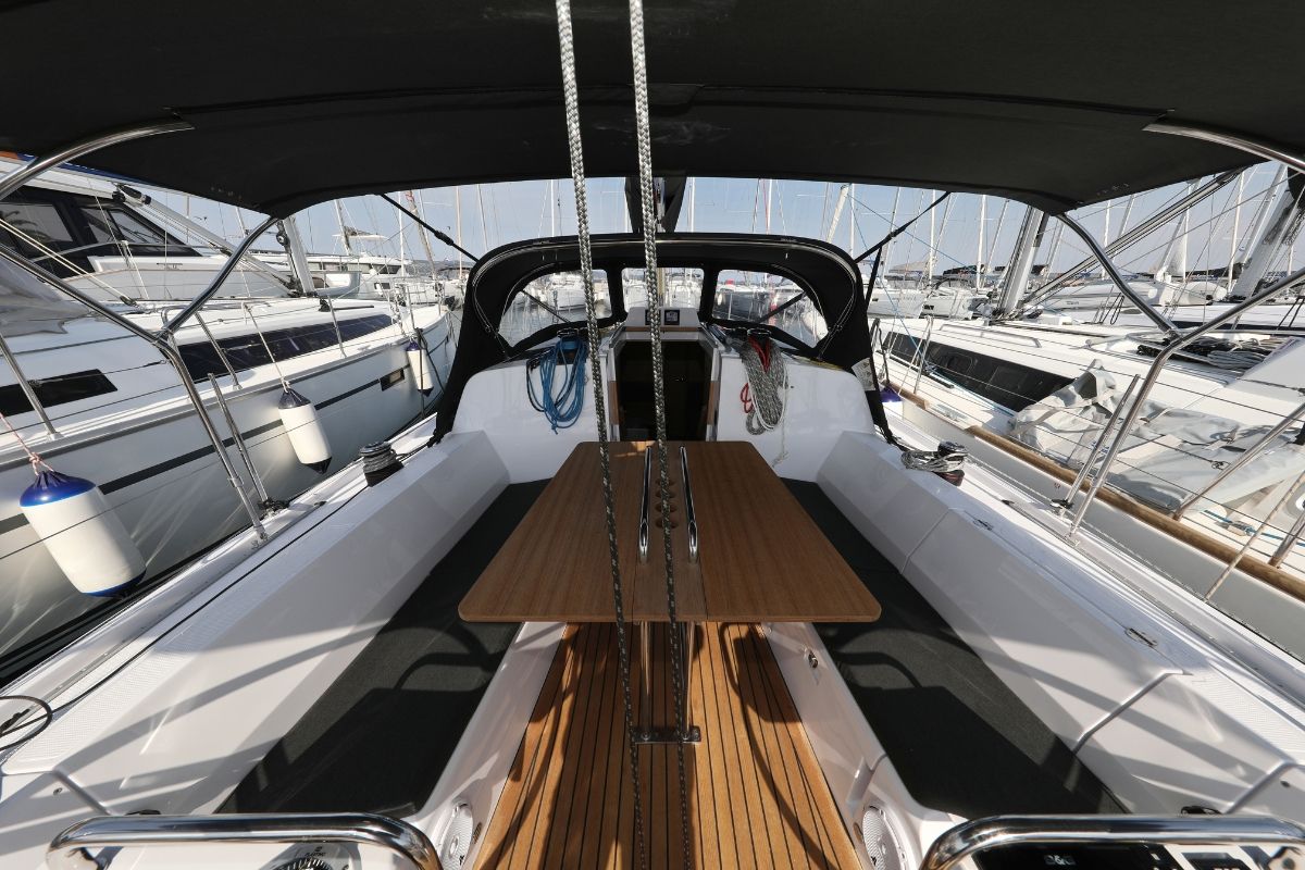 Deck of Twitter, a Elan E4 sailboat at Grad Biograd na Moru, Croatia