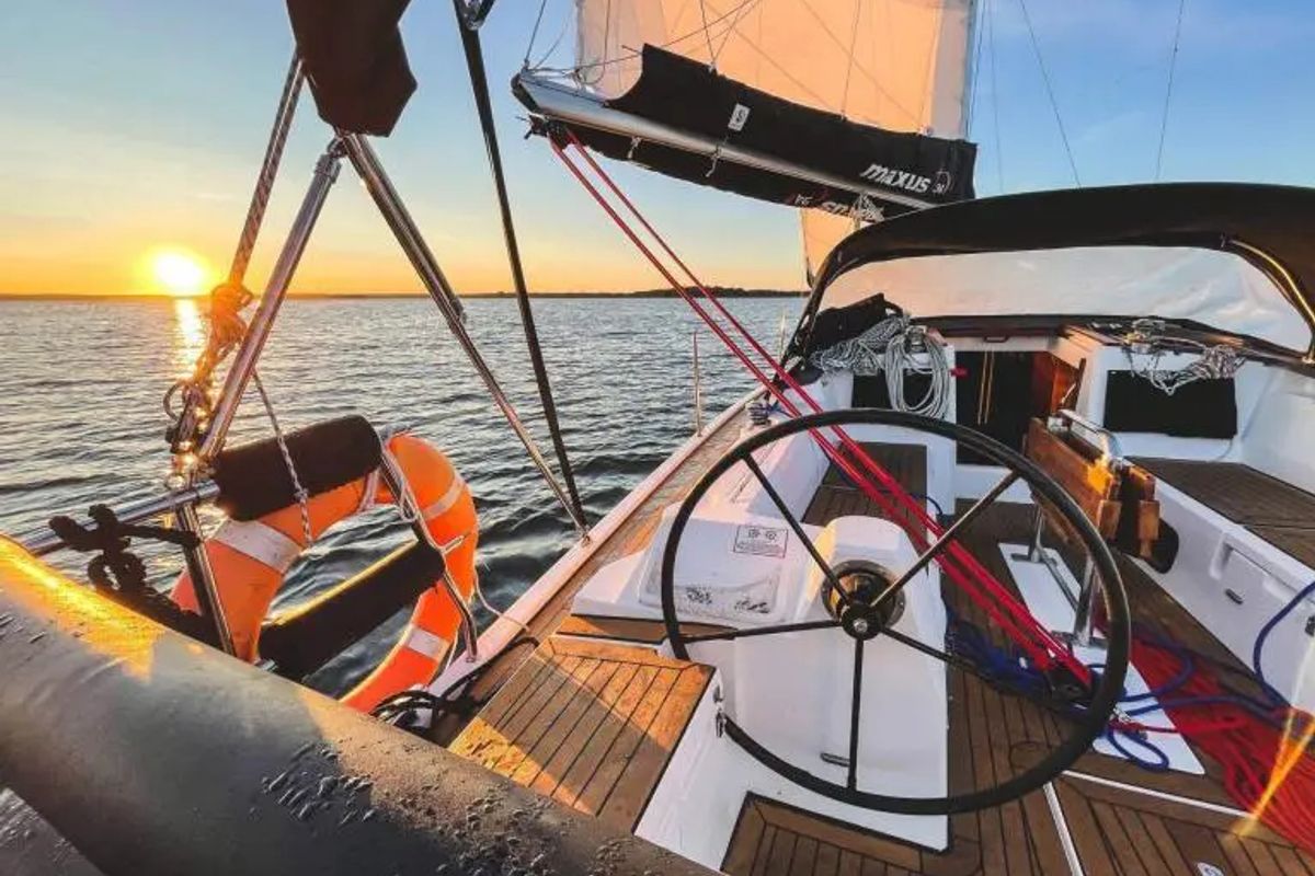 Cockpit of Wyspa Mysia, a Northman Maxus 34 sailboat at Sztynort, Poland