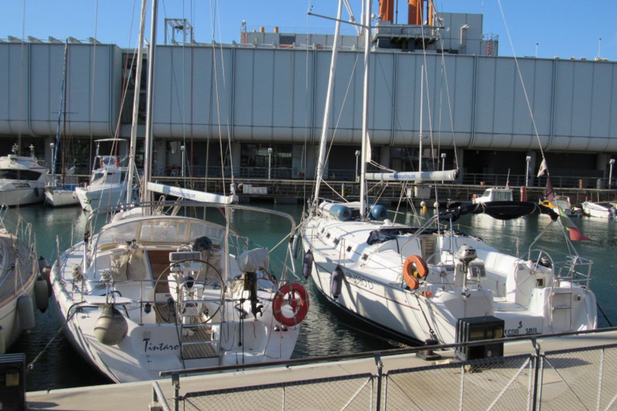 Exterior view of Tecno Sail, a Beneteau Cyclades 43.3 sailboat at Genoa, Italy