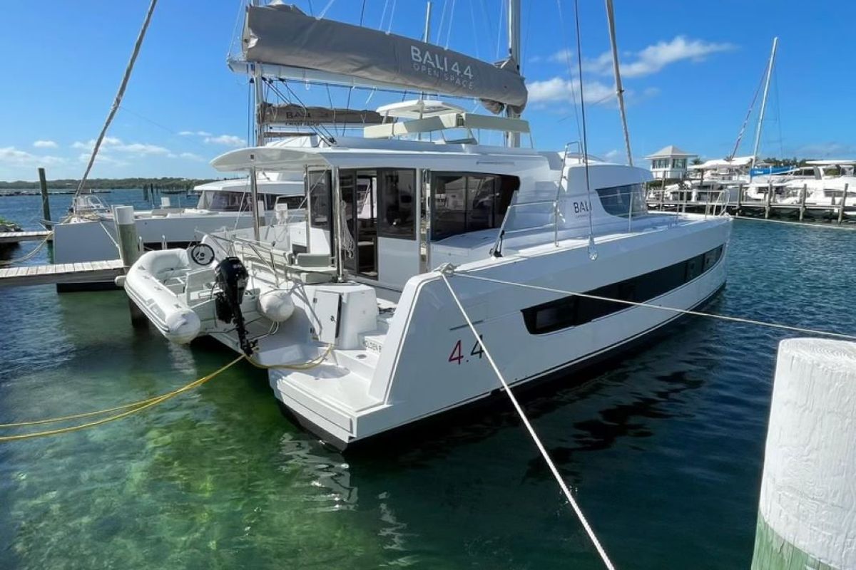 Exterior view of Sunset Chaser, a Bali 4.4 catamaran at Central Abaco, Bahamas