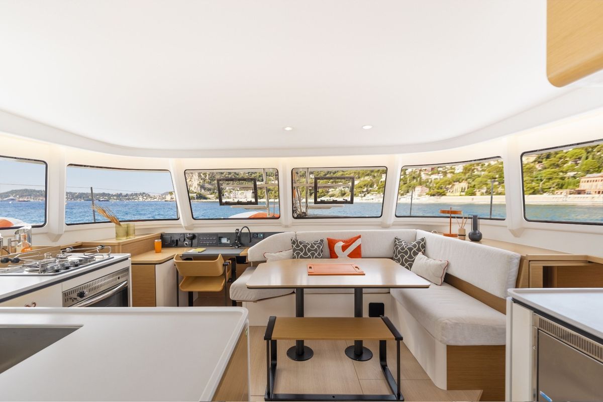 Salon of One Journey, a Excess 13 catamaran at Athens, Greece