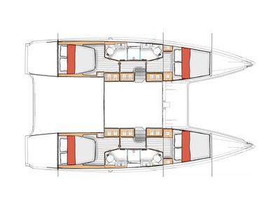 Floor plan of One Journey, a Excess 13 catamaran at Athens, Greece