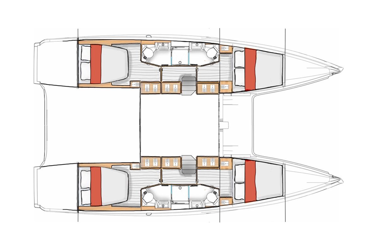 Floor plan of One Journey, a Excess 13 catamaran at Athens, Greece