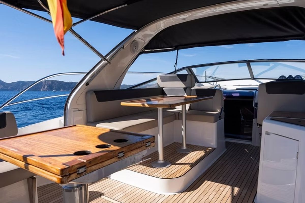 Deck of Felicita, a Bavaria Sport 360 Open motorboat at Calvià, Spain
