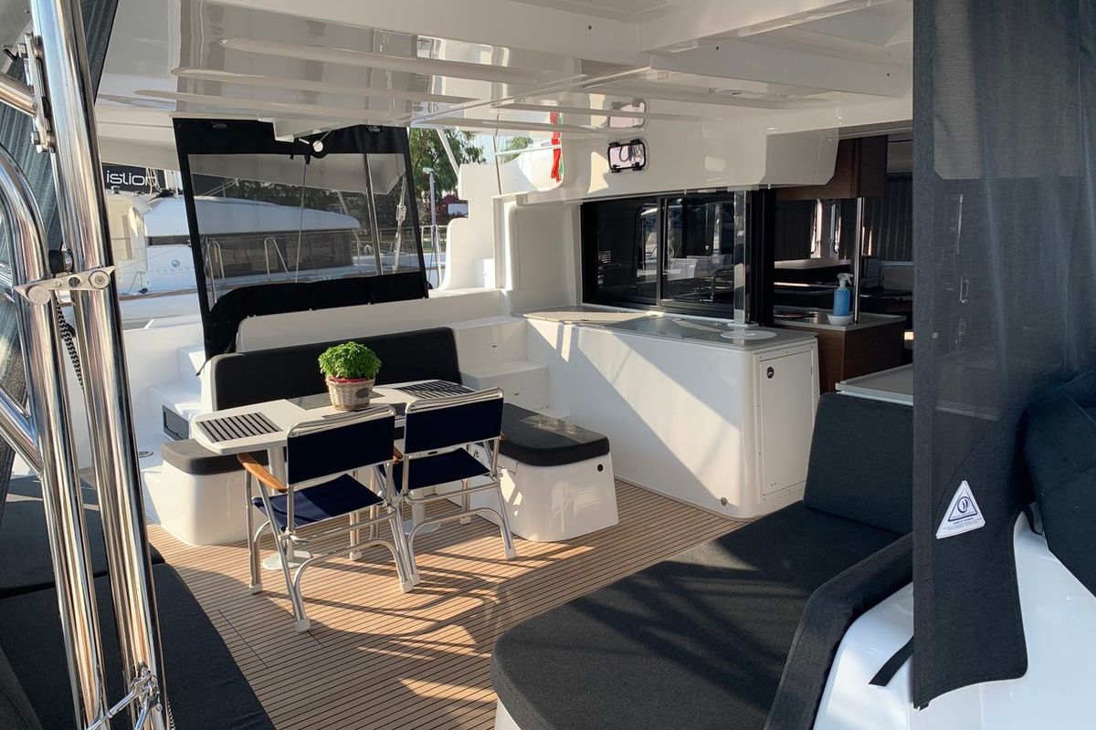 Deck of Diamond Seas, a Lagoon 46 catamaran at Athens, Greece