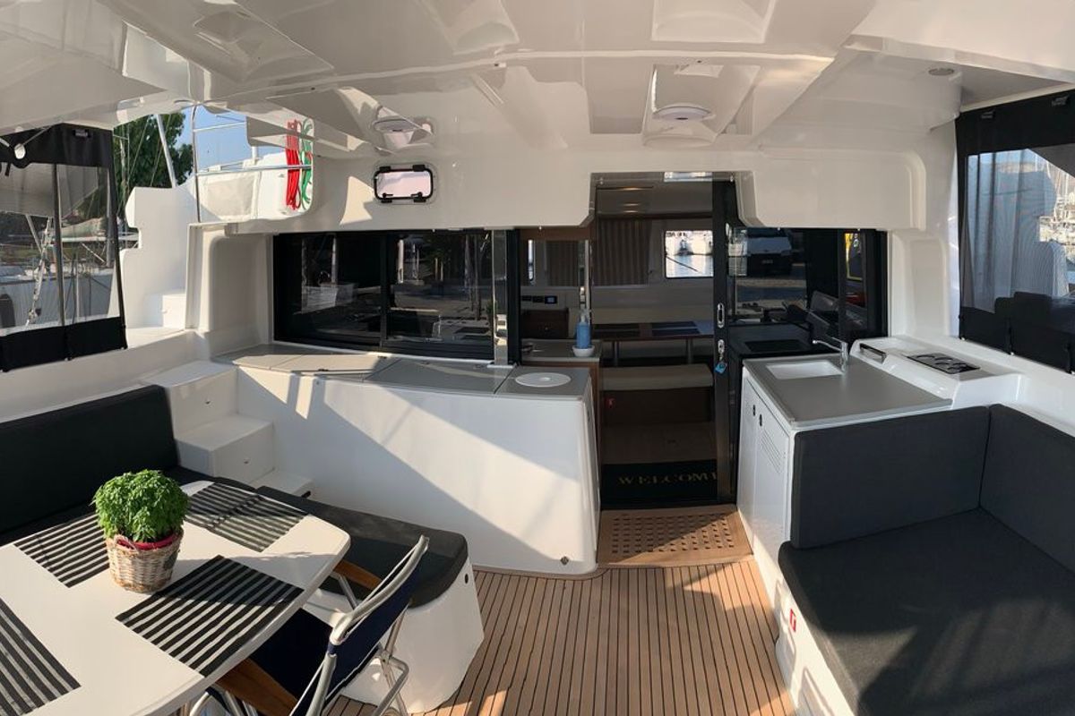 Deck of Diamond Seas, a Lagoon 46 catamaran at Athens, Greece