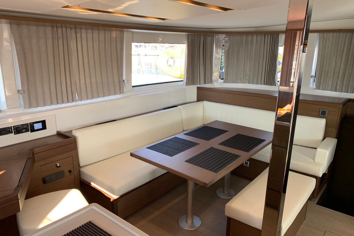 Salon of Diamond Seas, a Lagoon 46 catamaran at Athens, Greece