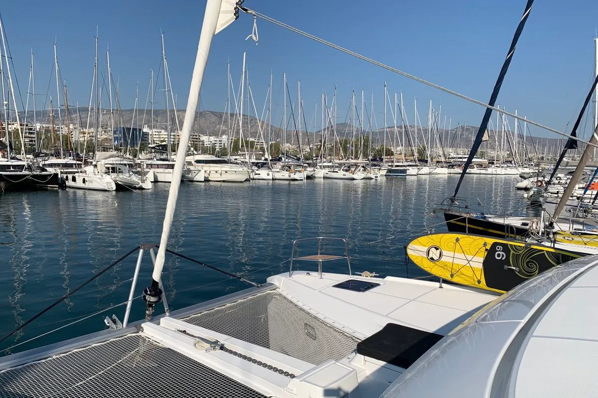 Deck of Diamond Seas, a Lagoon 46 catamaran at Athens, Greece