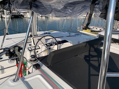 Cockpit of Diamond Seas, a Lagoon 46 catamaran at Athens, Greece