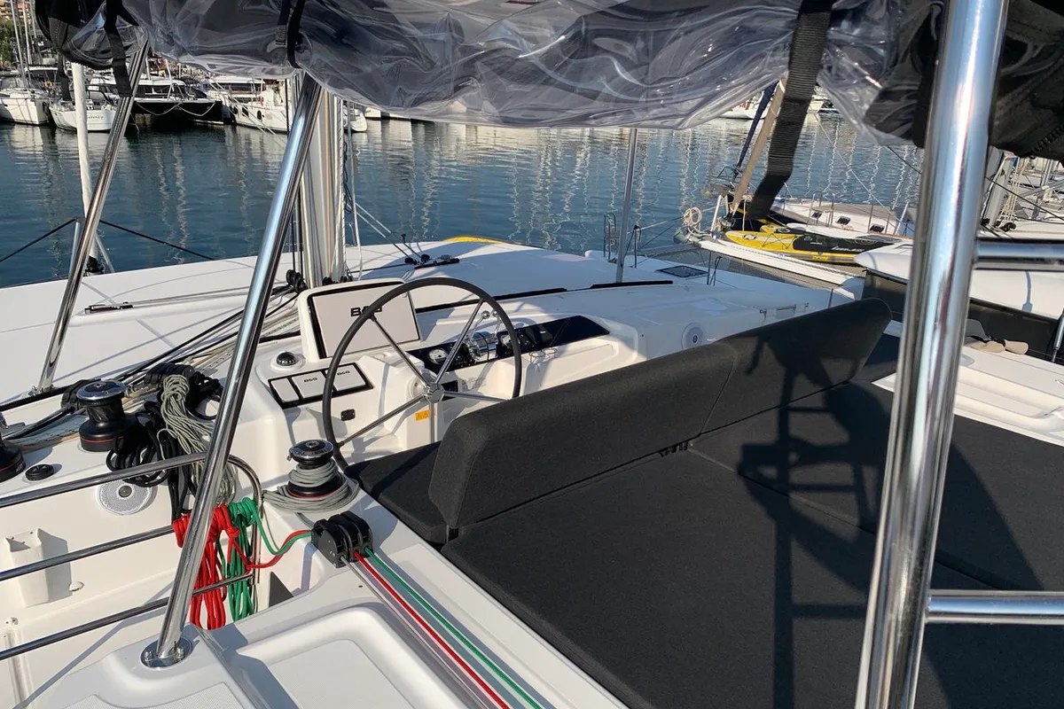 Cockpit of Diamond Seas, a Lagoon 46 catamaran at Athens, Greece