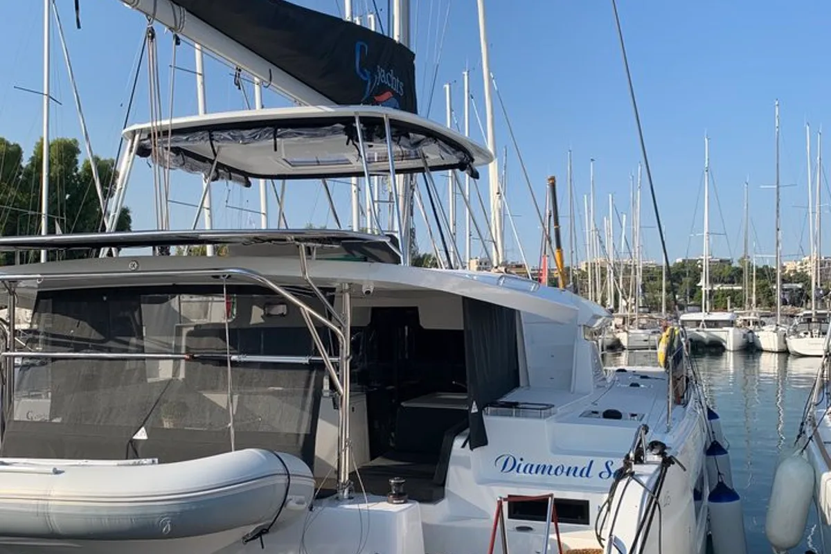 Deck of Diamond Seas, a Lagoon 46 catamaran at Athens, Greece