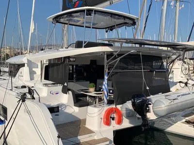 Deck of Diamond Seas, a Lagoon 46 catamaran at Athens, Greece