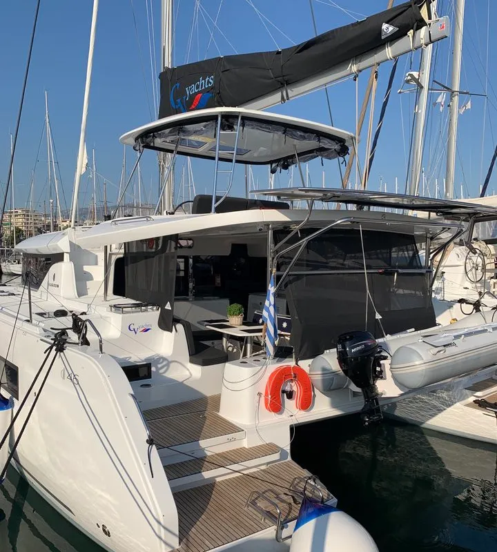 Deck of Diamond Seas, a Lagoon 46 catamaran at Athens, Greece