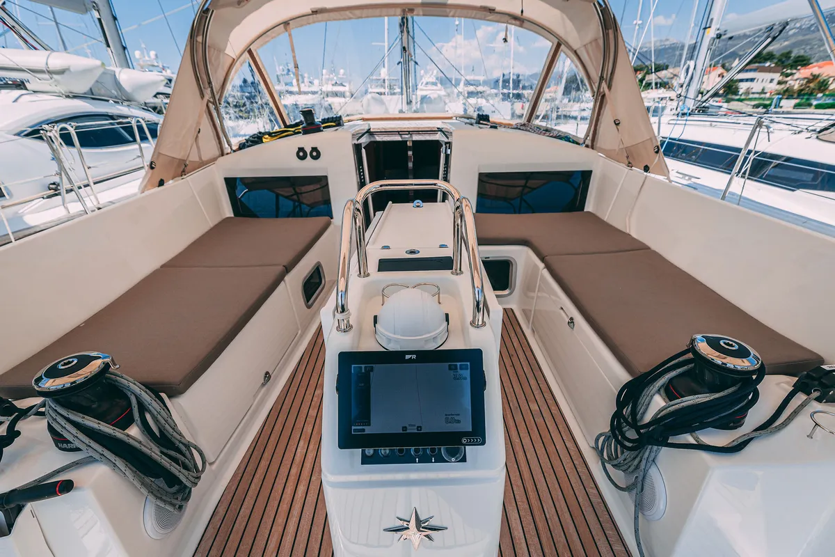 Cockpit of Mikkamakka, a Jeanneau Sun Odyssey 440 sailboat at Grad Kaštela, Croatia