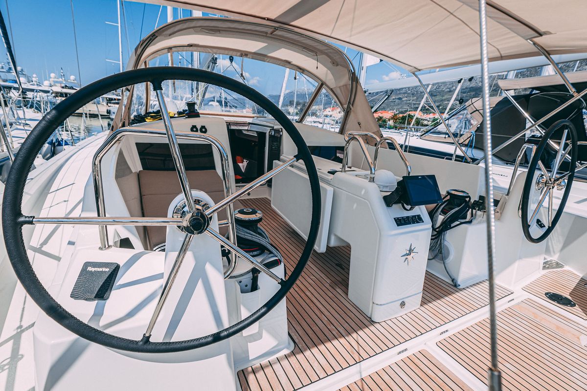 Cockpit of Mikkamakka, a Jeanneau Sun Odyssey 440 sailboat at Grad Kaštela, Croatia