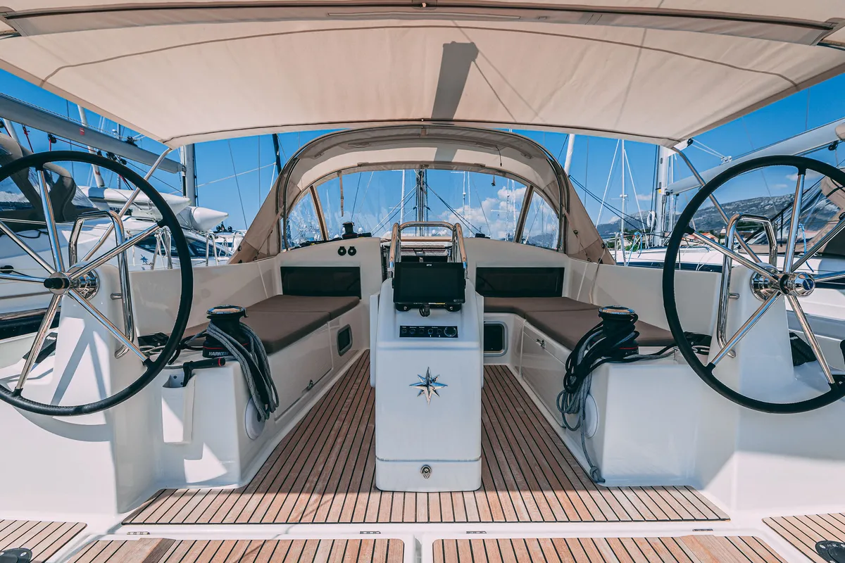Cockpit of Mikkamakka, a Jeanneau Sun Odyssey 440 sailboat at Grad Kaštela, Croatia