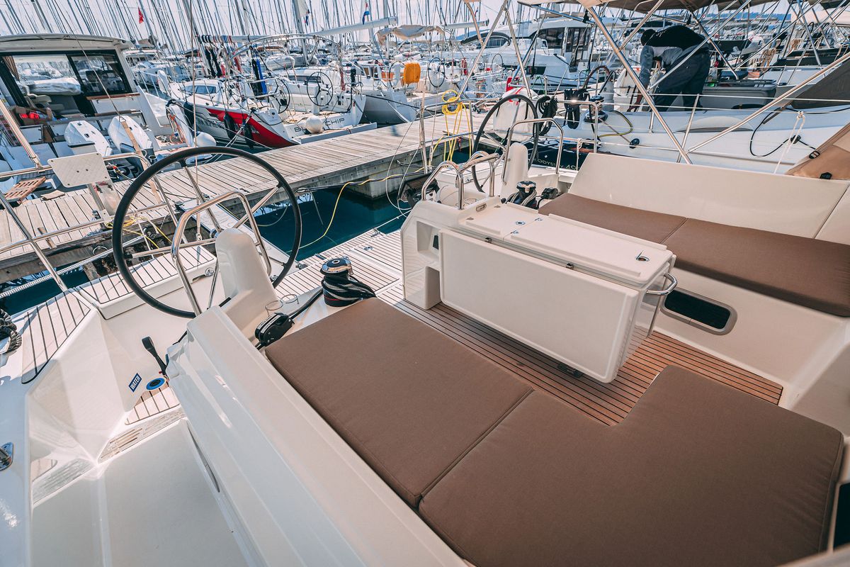 Cockpit of Mikkamakka, a Jeanneau Sun Odyssey 440 sailboat at Grad Kaštela, Croatia
