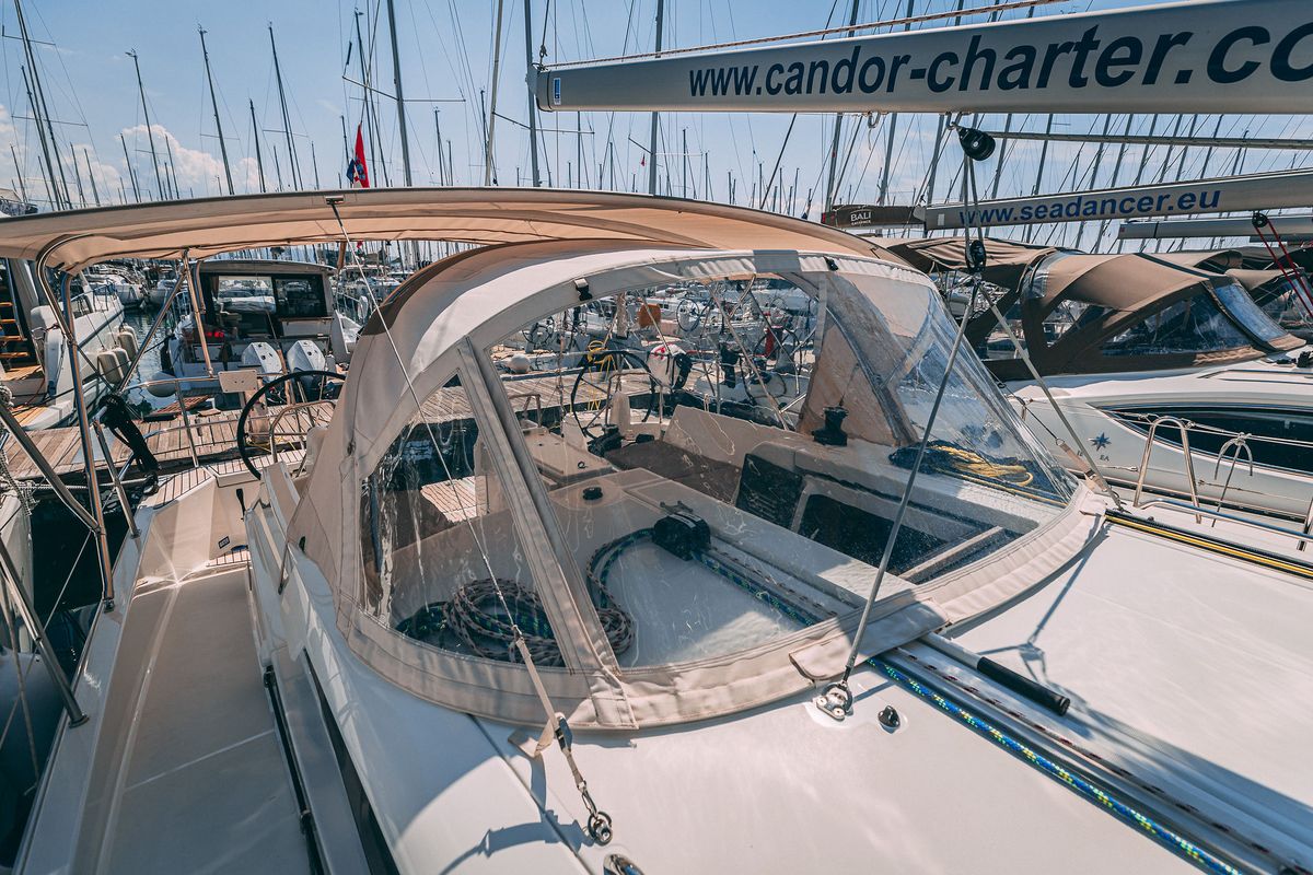 Deck of Mikkamakka, a Jeanneau Sun Odyssey 440 sailboat at Grad Kaštela, Croatia