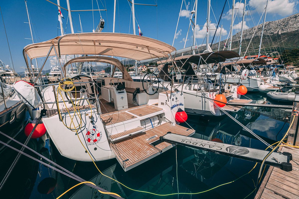 Exterior view of Mikkamakka, a Jeanneau Sun Odyssey 440 sailboat at Grad Kaštela, Croatia