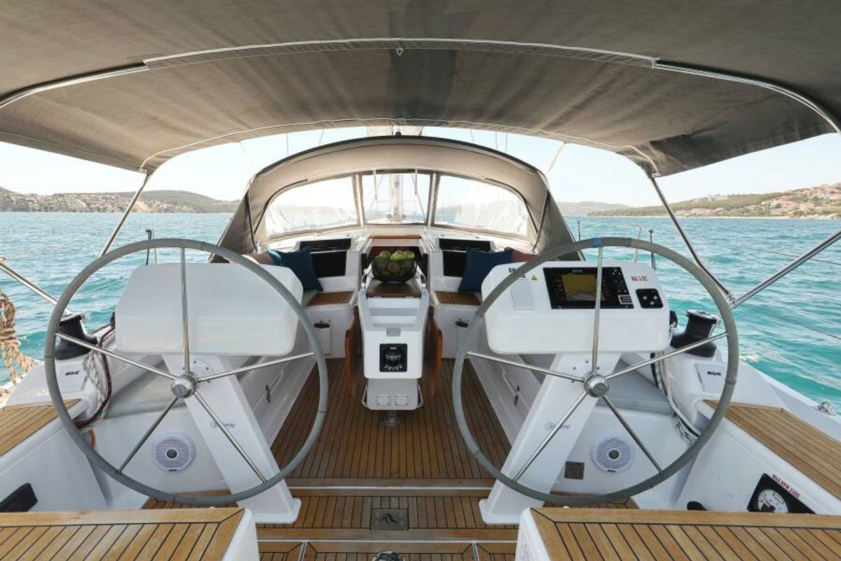 Cockpit of Deep Sea, a Hanse Yachts Hanse 458 sailboat at Grad Šibenik, Croatia