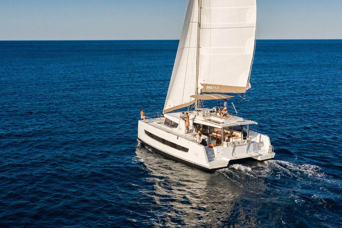 Exterior view of Freedom, a Bali 4.8 catamaran at Road Town, British Virgin Islands