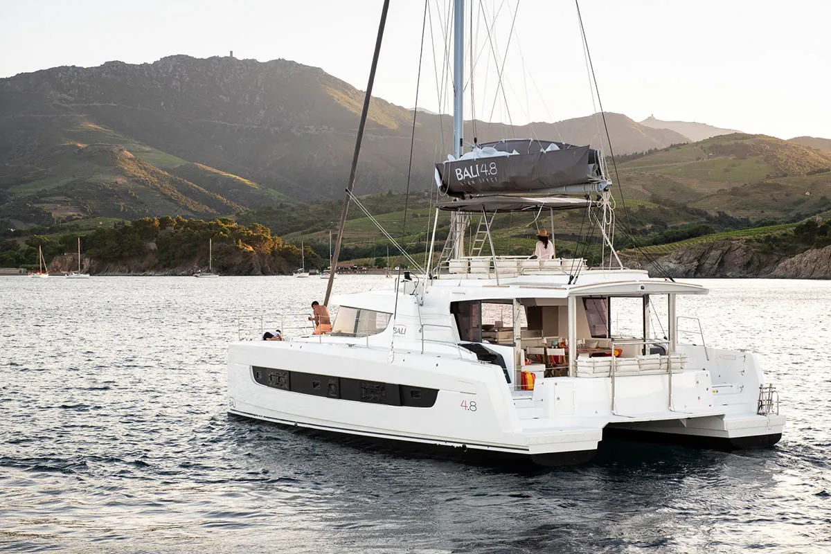 Exterior view of Freedom, a Bali 4.8 catamaran at Road Town, British Virgin Islands