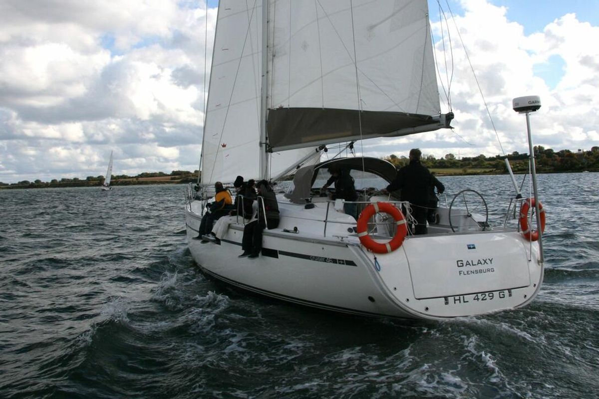 Exterior view of Galaxy, a Bavaria Cruiser 46 sailboat at Flensburg, Germany