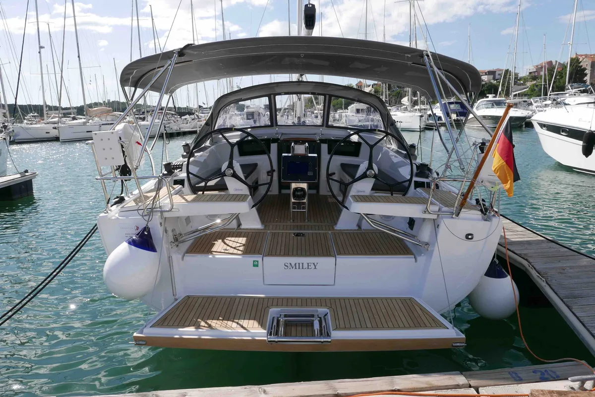 Exterior view of Smiley, a Hanse Yachts Hanse 388 sailboat at Grad Šibenik, Croatia