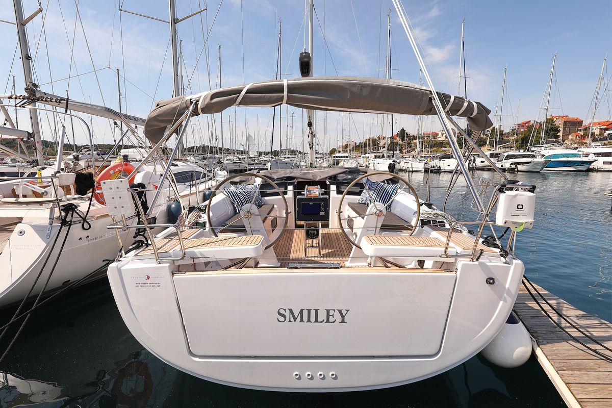 Exterior view of Smiley, a Hanse Yachts Hanse 388 sailboat at Grad Šibenik, Croatia