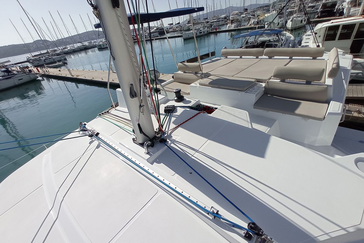 Deck of Sailin, a Bali Catspace catamaran at Seget Donji, Croatia