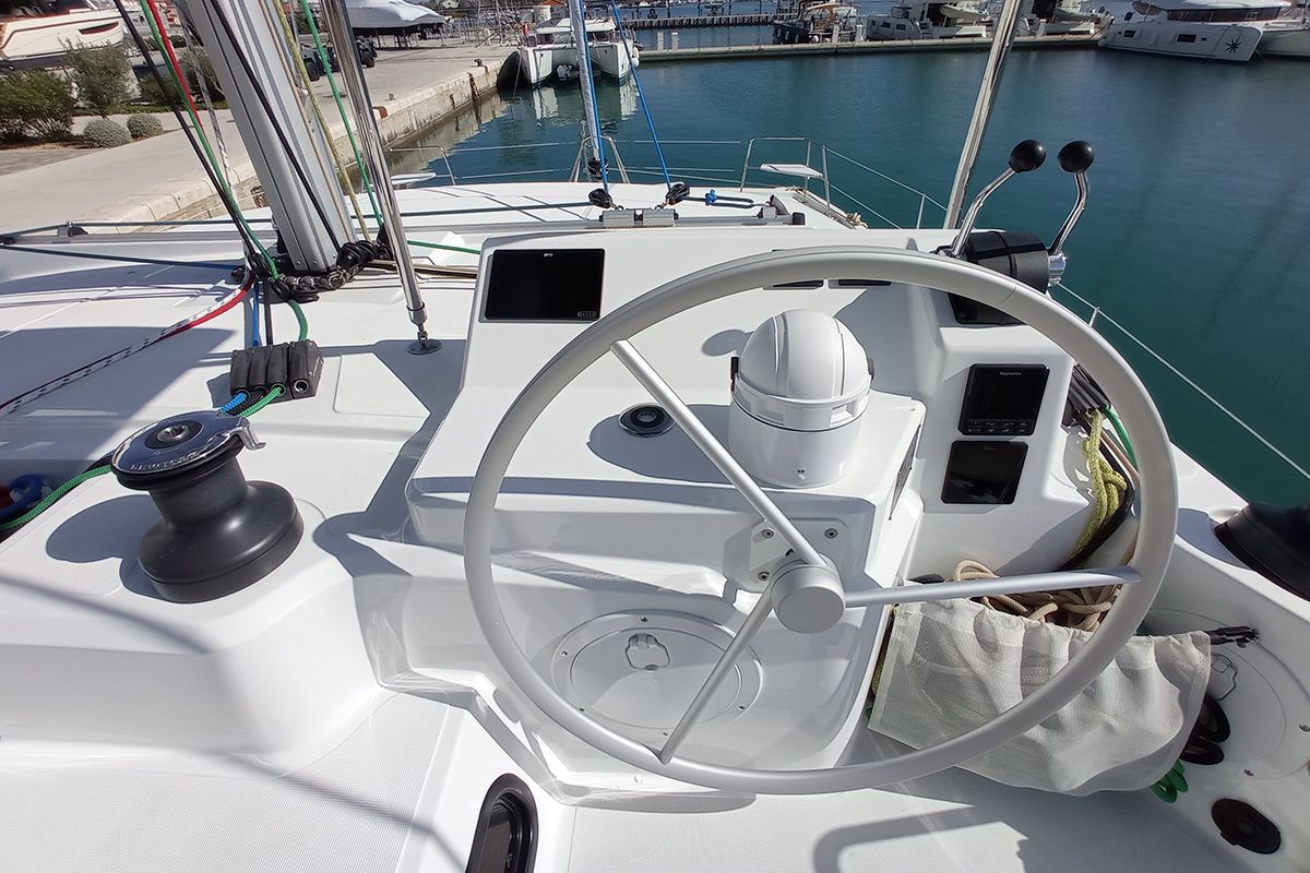 Cockpit of Sailin, a Bali Catspace catamaran at Seget Donji, Croatia