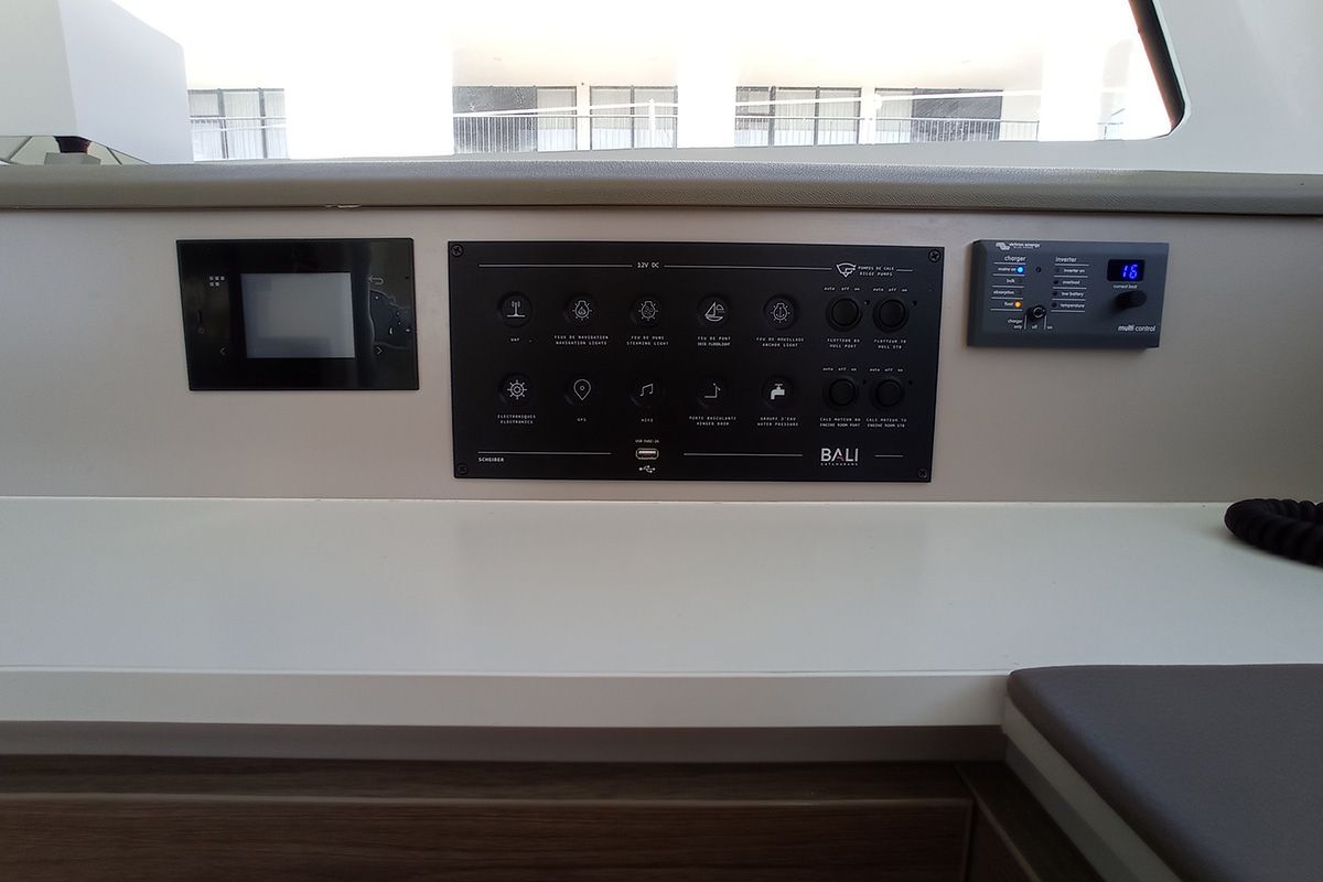 Cockpit of Sailin, a Bali Catspace catamaran at Seget Donji, Croatia