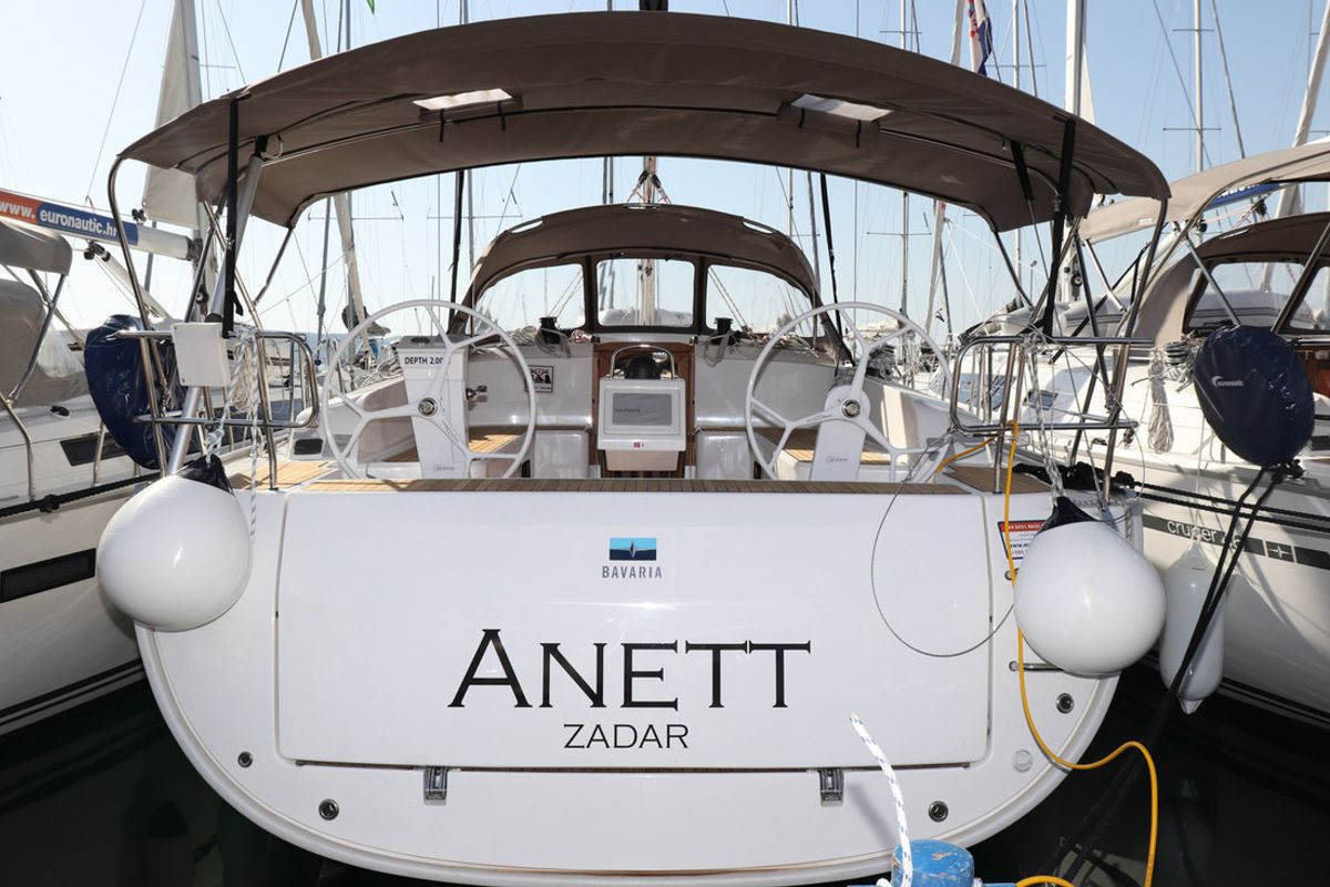 Exterior view of Anett, a Bavaria Cruiser 46 sailboat at Grad Biograd na Moru, Croatia