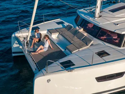 Deck of Agitation - A/C, Generator, Water maker. Solar panel, a Fountaine Pajot Astréa 42 catamaran at Cannigione, Italy