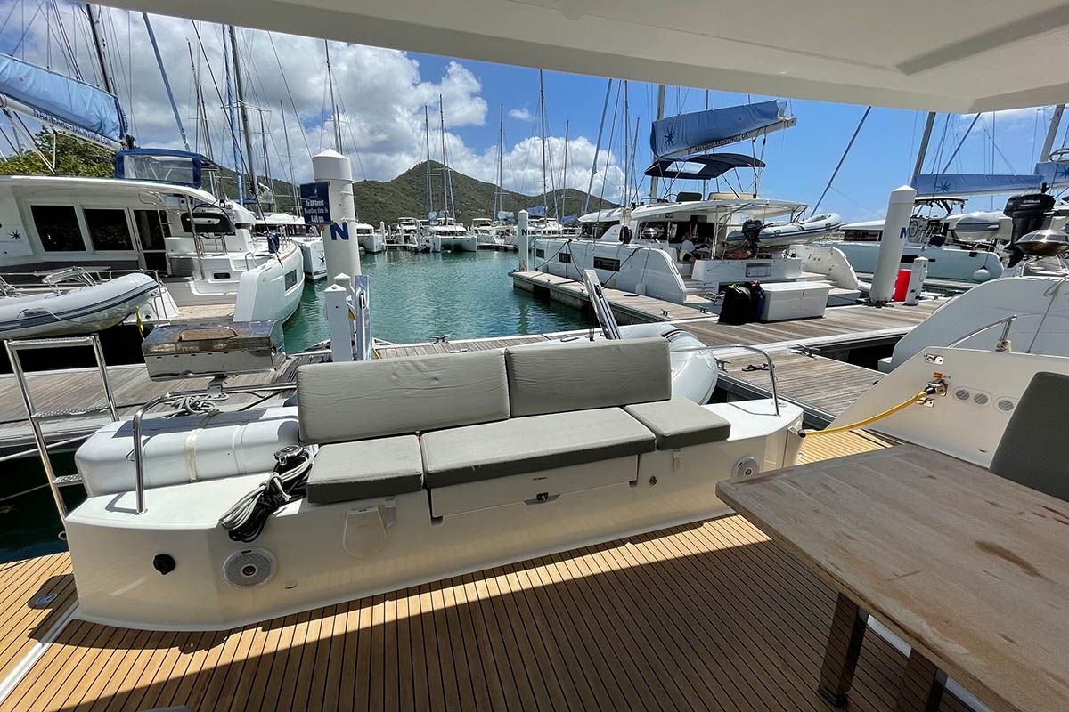 Deck of Jaxnjoe com, a Fountaine Pajot Lucia 40 catamaran at Road Town, British Virgin Islands