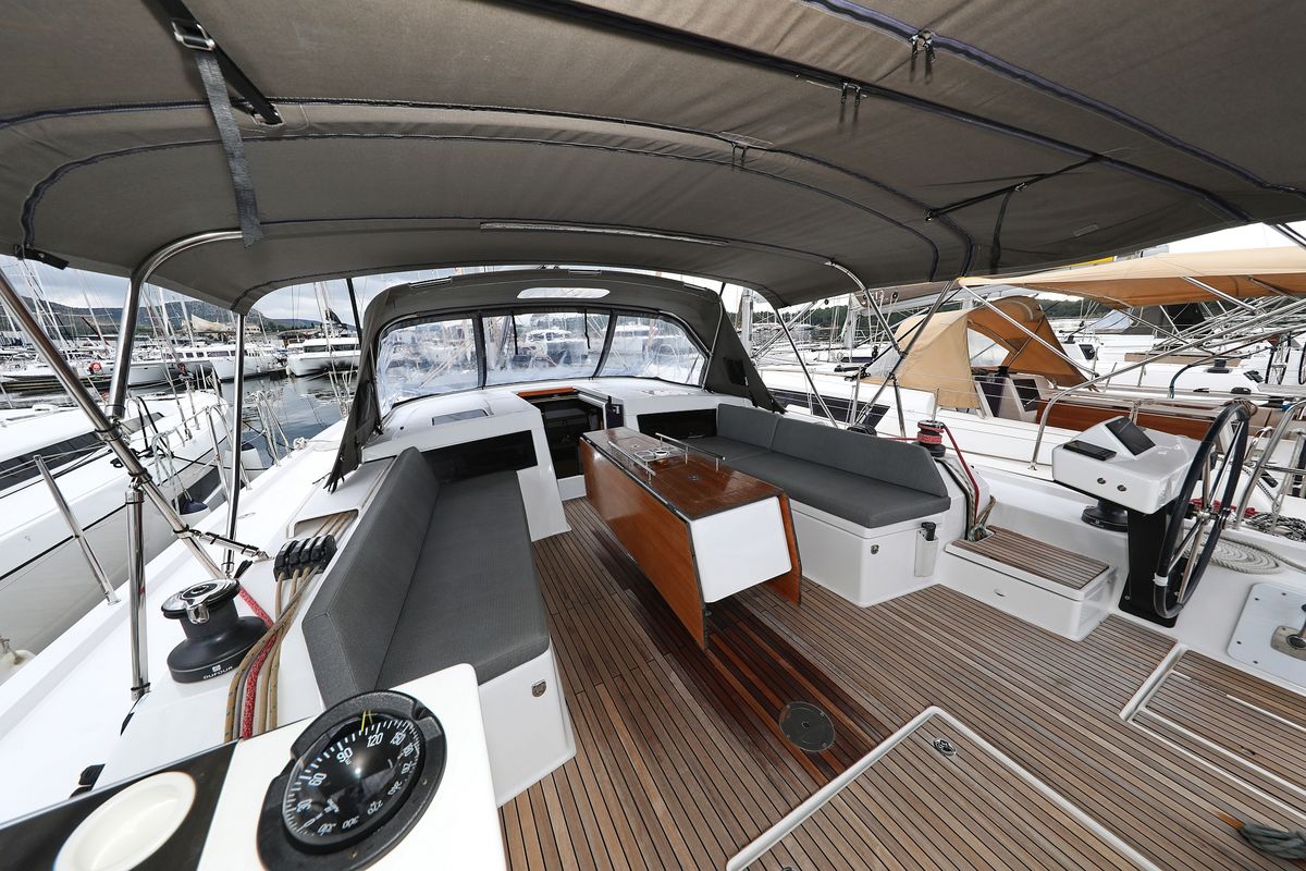 Cockpit of Shooting Star, a Dufour 470 sailboat at Grad Vodice, Croatia