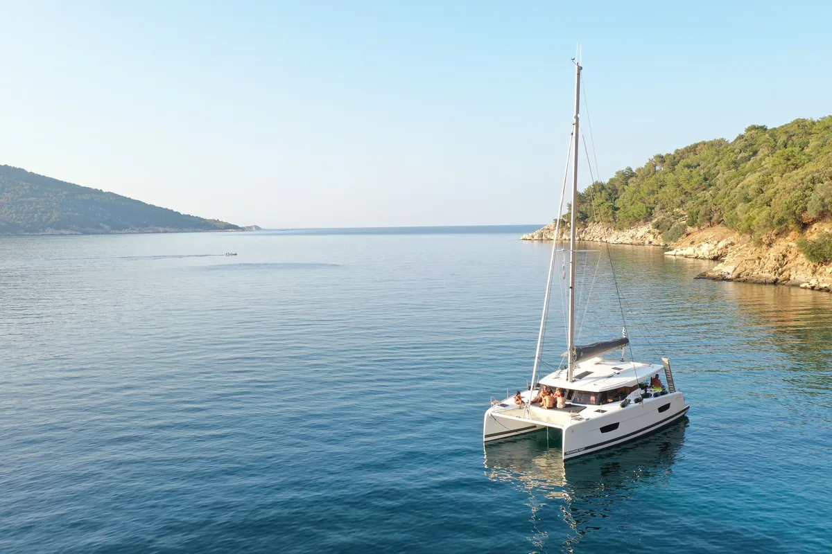 Exterior view of Anasa, a Fountaine Pajot Isla 40 catamaran at Kavala, Greece